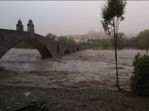 Immagine del ponte gobbo con il fiume Trebbia in piena